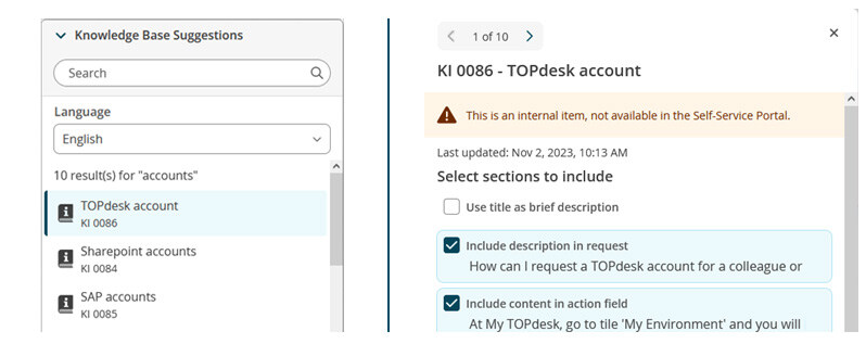 Knowledge Base suggestions widget and banner internal item