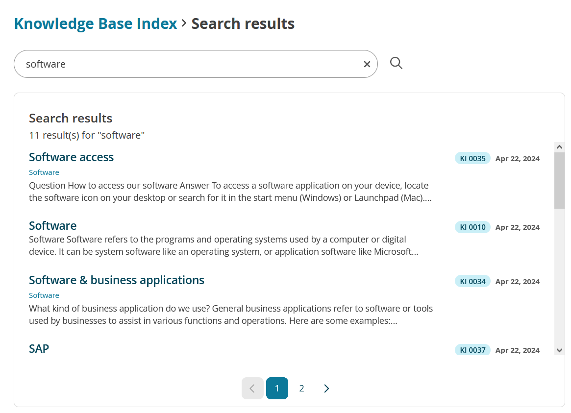 Knowledge Base Index search results